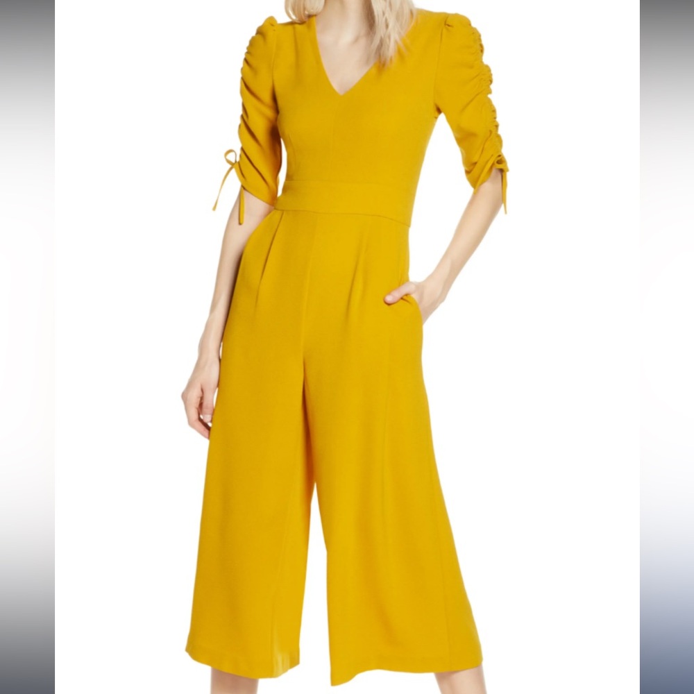 Size 4 Chelsea28 Mustard Yellow Wide Leg Jumpsuit Pocket Chic Spring Summer Bold
